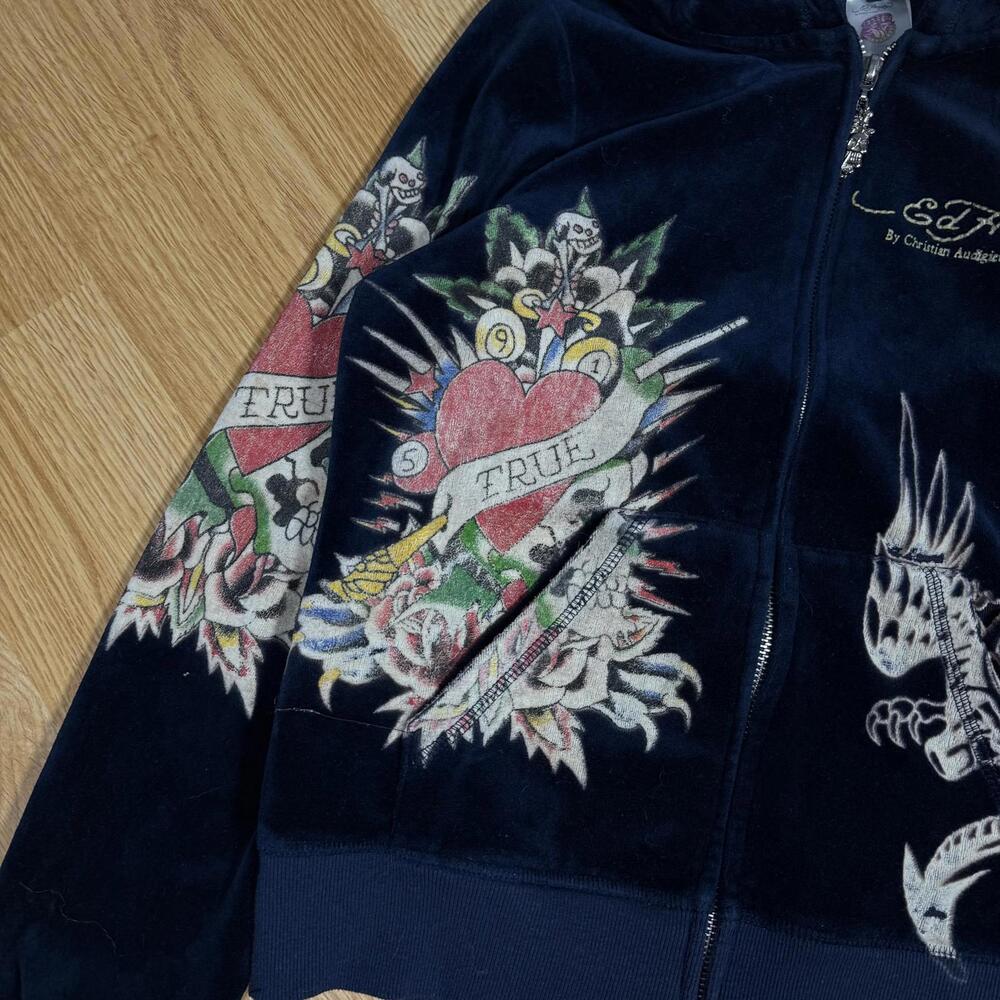 Ed Hardy Women's Black Velvour Zip-Up Hoodie with Tattoo Embroidery - Picture 5 of 9